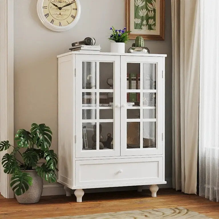 Minimalistischer weißer Buffetschrank mit Doppeltüren aus Glas und Schublade, modernes hölzernes Aufbewahrungs-Sideboard