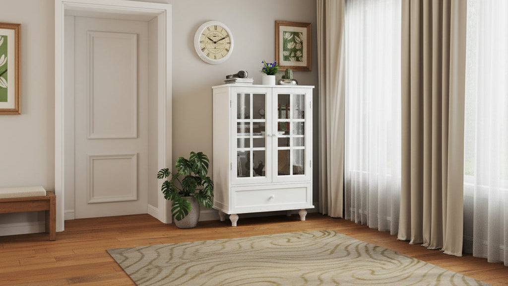 Minimalist White Buffet Cabinet with Double Glass Doors and Drawer, Modern Wooden Storage Sideboard Cupboard