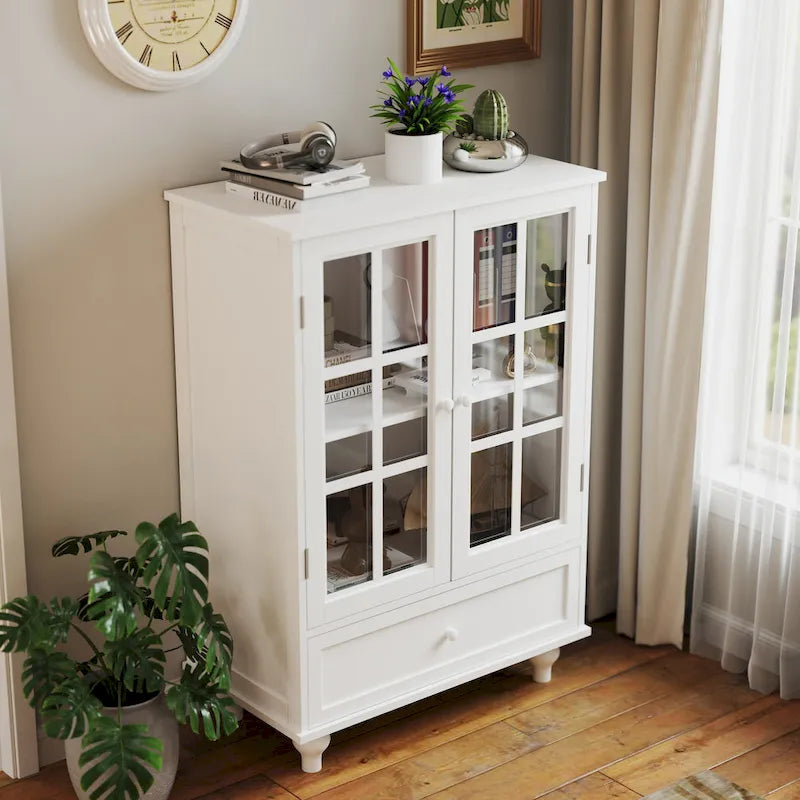 Minimalistischer weißer Buffetschrank mit Doppeltüren aus Glas und Schublade, modernes hölzernes Aufbewahrungs-Sideboard