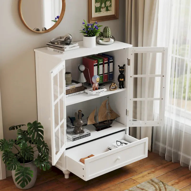 Minimalistischer weißer Buffetschrank mit Doppeltüren aus Glas und Schublade, modernes hölzernes Aufbewahrungs-Sideboard