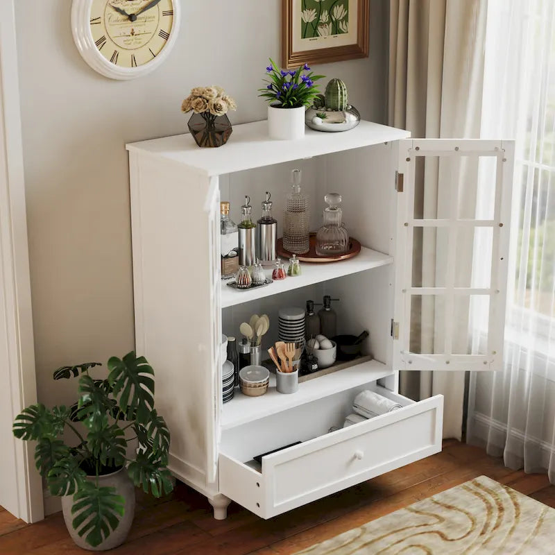 Minimalistischer weißer Buffetschrank mit Doppeltüren aus Glas und Schublade, modernes hölzernes Aufbewahrungs-Sideboard