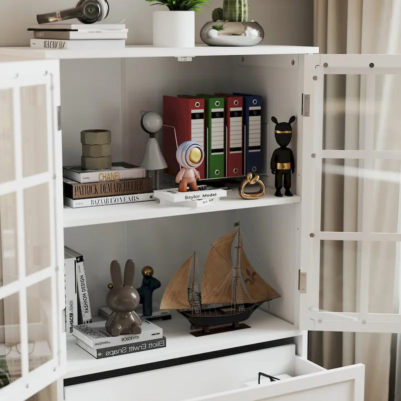 Minimalistischer weißer Buffetschrank mit Doppeltüren aus Glas und Schublade, modernes hölzernes Aufbewahrungs-Sideboard