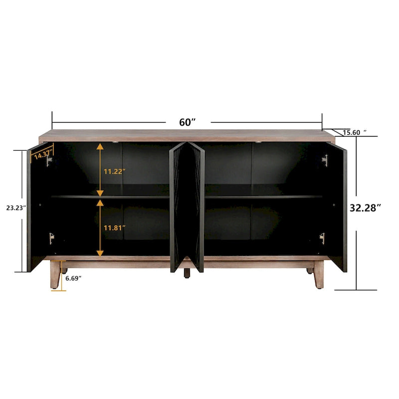 Sideboard-Buffetschrank im Mid-Century-Stil mit 4 Türen und 2 Einlegeböden