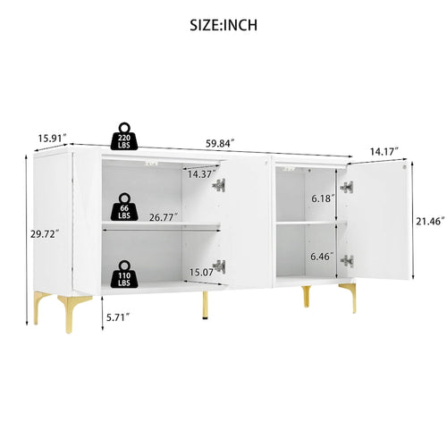 Sideboard-Buffetschrank mit 4 Türen, geschnitzten Türfüllungen und verstellbaren Einlegeböden
