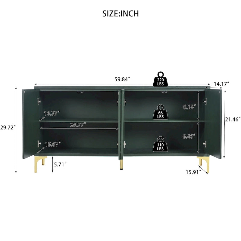 Credenza a 4 ante con pannelli delle ante intagliati e ripiani regolabili