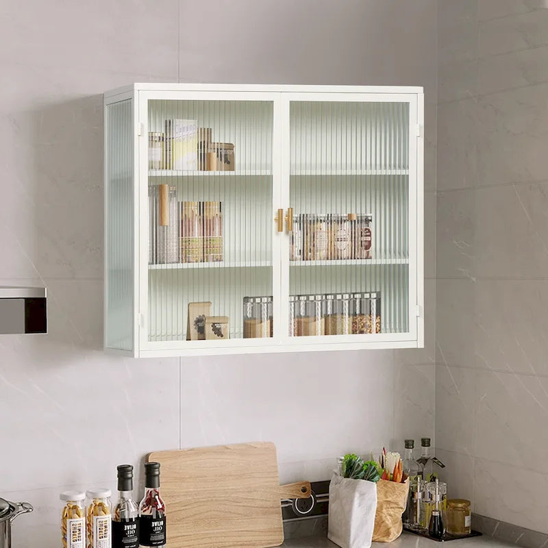 Moderner Wand- oder Bodenschrank mit geriffelten Glastüren und 3-stufigem Stauraum