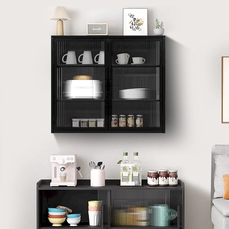Moderner Wand- oder Bodenschrank mit geriffelten Glastüren und 3-stufigem Stauraum