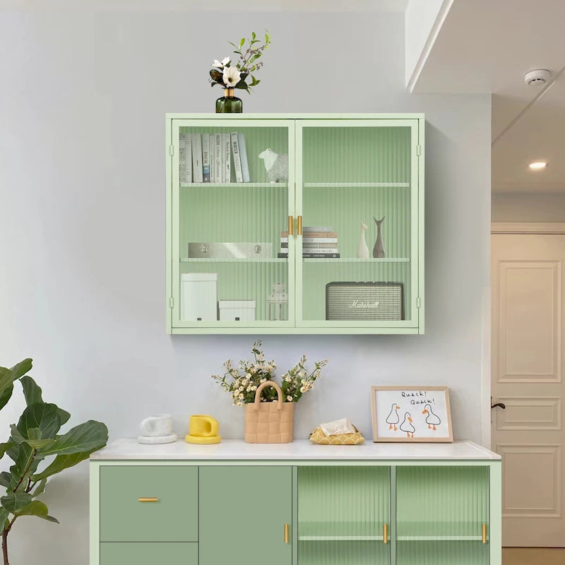 Moderner Wand- oder Bodenschrank mit geriffelten Glastüren und 3-stufigem Stauraum