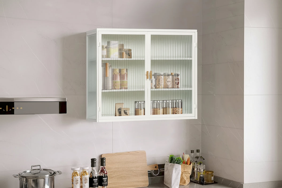 Modern Wall Cabinet with Glass Doors and Storage Shelves for Entryway, Living Room, Bathroom