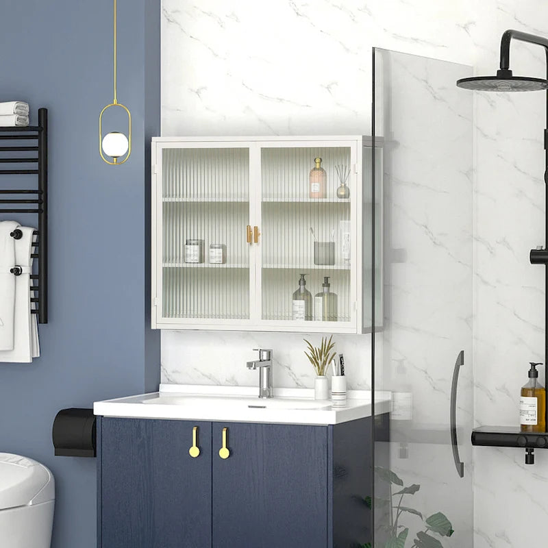 Moderner Wand- oder Bodenschrank mit geriffelten Glastüren und 3-stufigem Stauraum