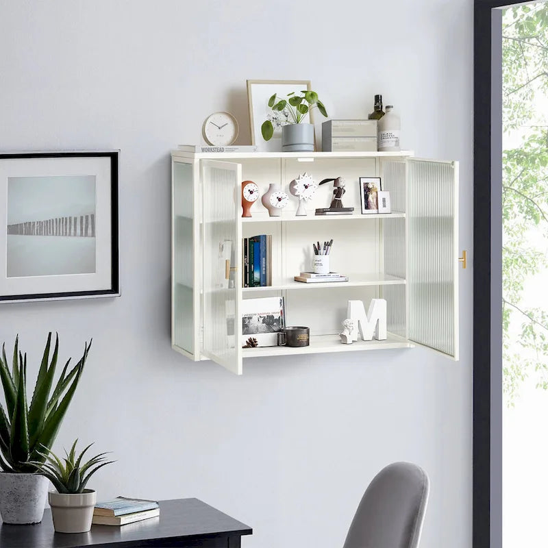 Moderner Wand- oder Bodenschrank mit geriffelten Glastüren und 3-stufigem Stauraum