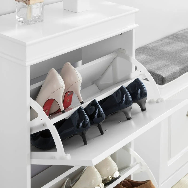 Weißer Schuhschrank für den Eingangsbereich mit 2 Klappfächern und Ablage