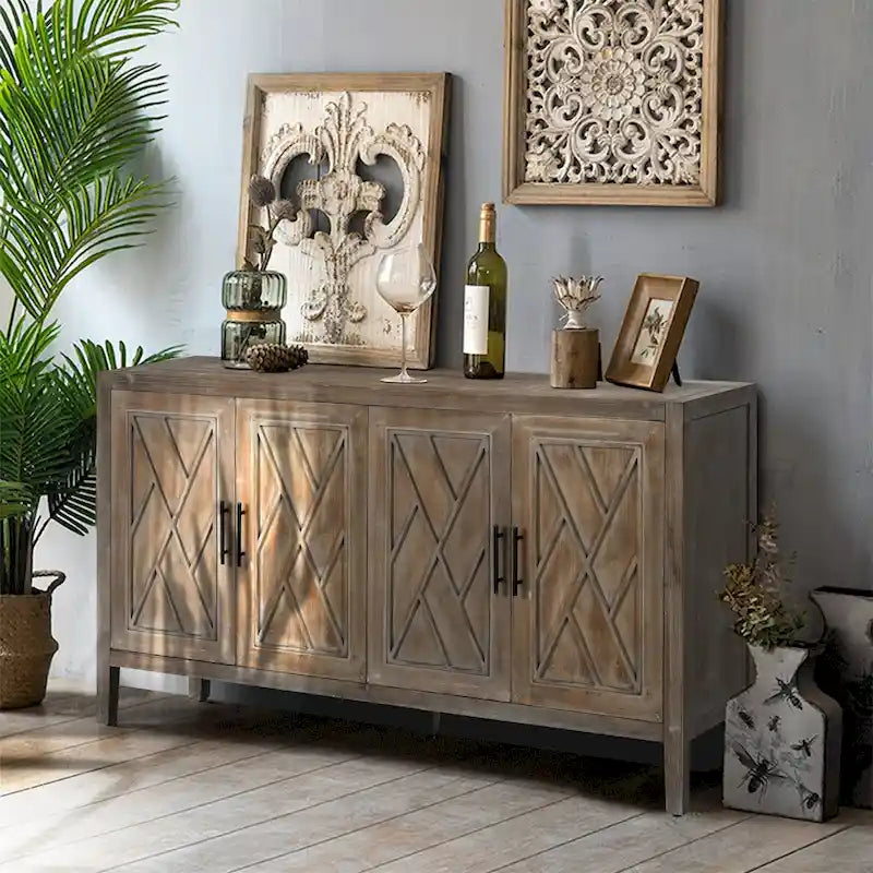 Credenza in legno a 4 ante con ripiano regolabile, finitura nera rustica