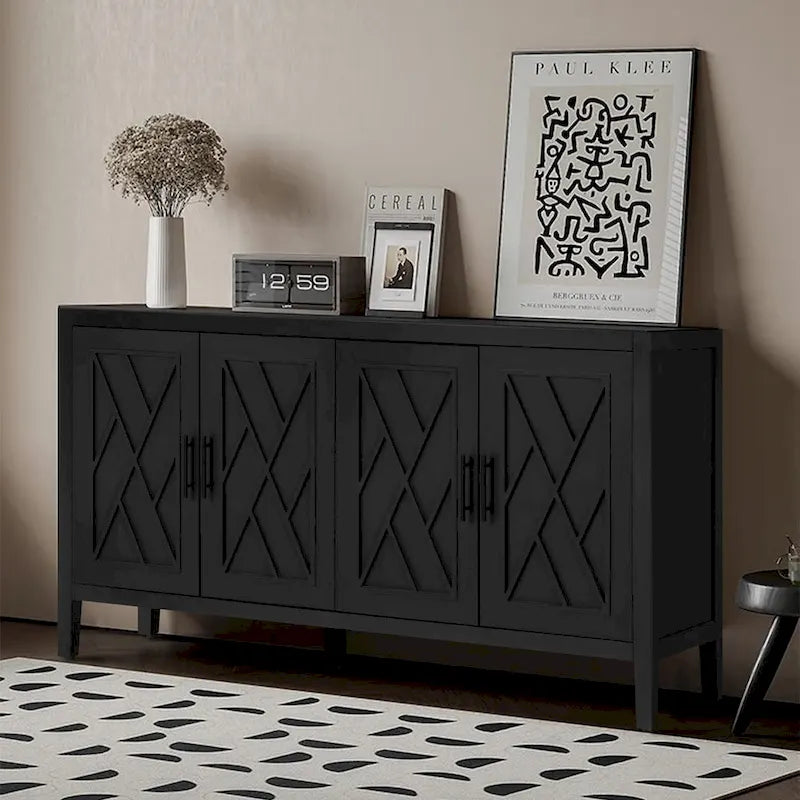 Credenza in legno a 4 ante con ripiano regolabile, finitura nera rustica