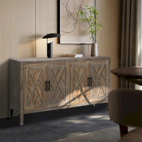 Holz-Sideboard mit 4 Türen und verstellbarem Einlegeboden in rustikalem Schwarz