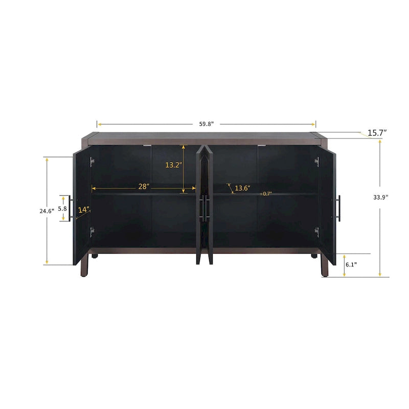 Credenza in legno a 4 ante con ripiano regolabile, finitura nera rustica
