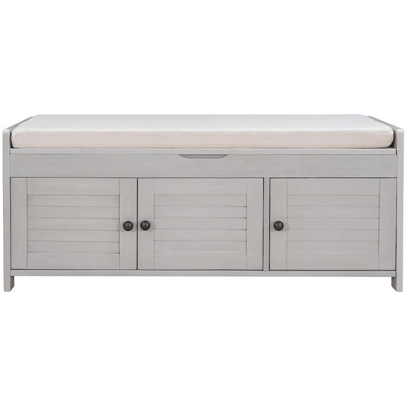 Rustic Storage Bench with Cushion, 2 Cabinets and Hidden Compartment