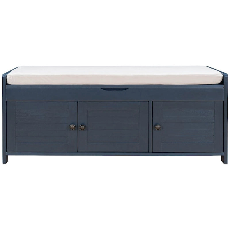 Rustic Storage Bench with Cushion, 2 Cabinets and Hidden Compartment