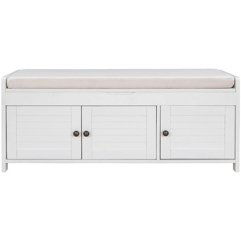 Rustic Storage Bench with Cushion, 2 Cabinets and Hidden Compartment