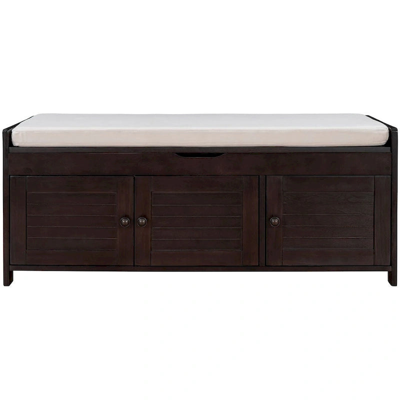 Rustic Storage Bench with Cushion, 2 Cabinets and Hidden Compartment