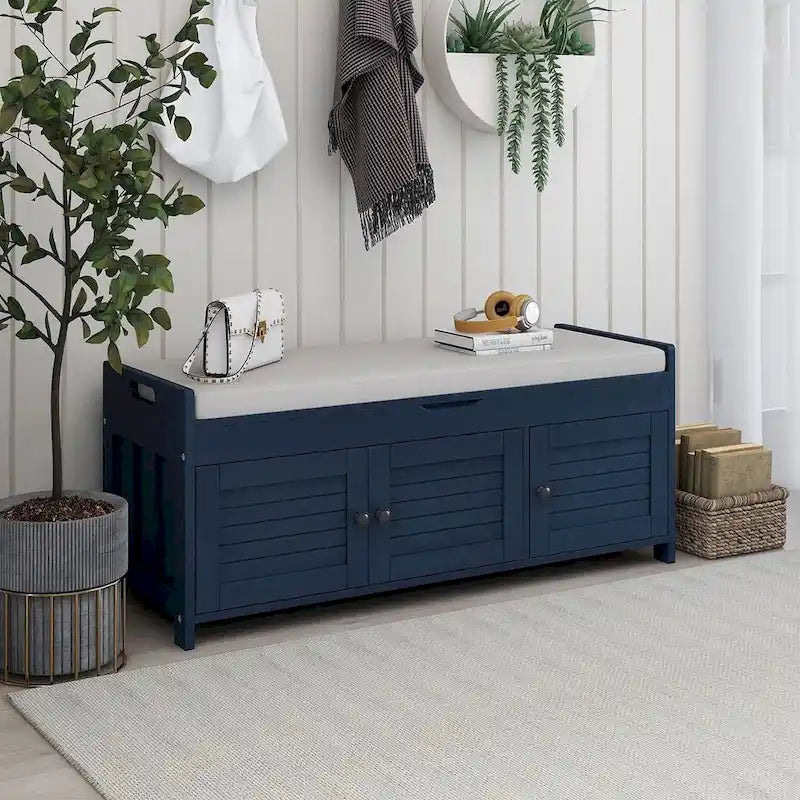 Rustic Storage Bench with Cushion, 2 Cabinets and Hidden Compartment