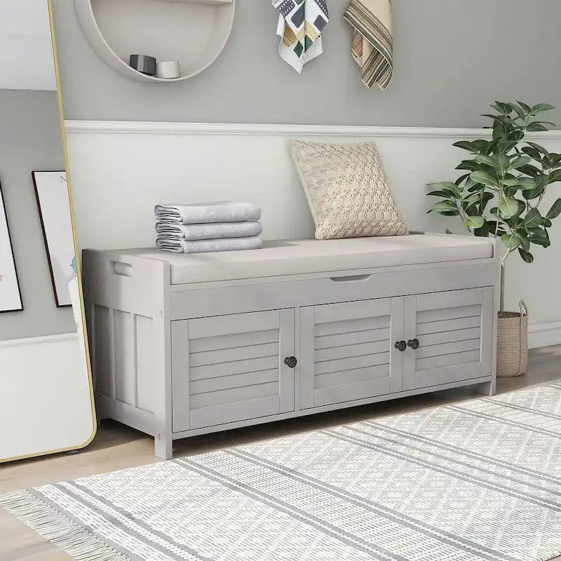 Rustic Storage Bench with Cushion, 2 Cabinets and Hidden Compartment