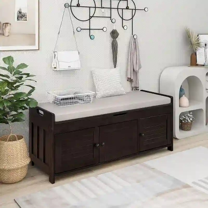 Rustic Storage Bench with Cushion, 2 Cabinets and Hidden Compartment