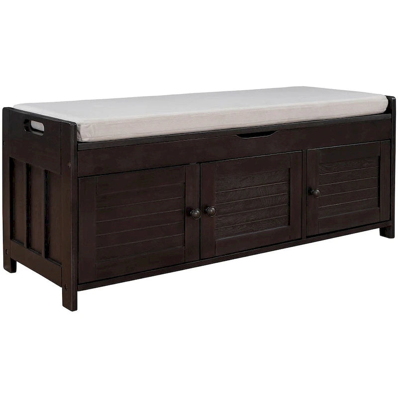 Rustic Storage Bench with Cushion, 2 Cabinets and Hidden Compartment