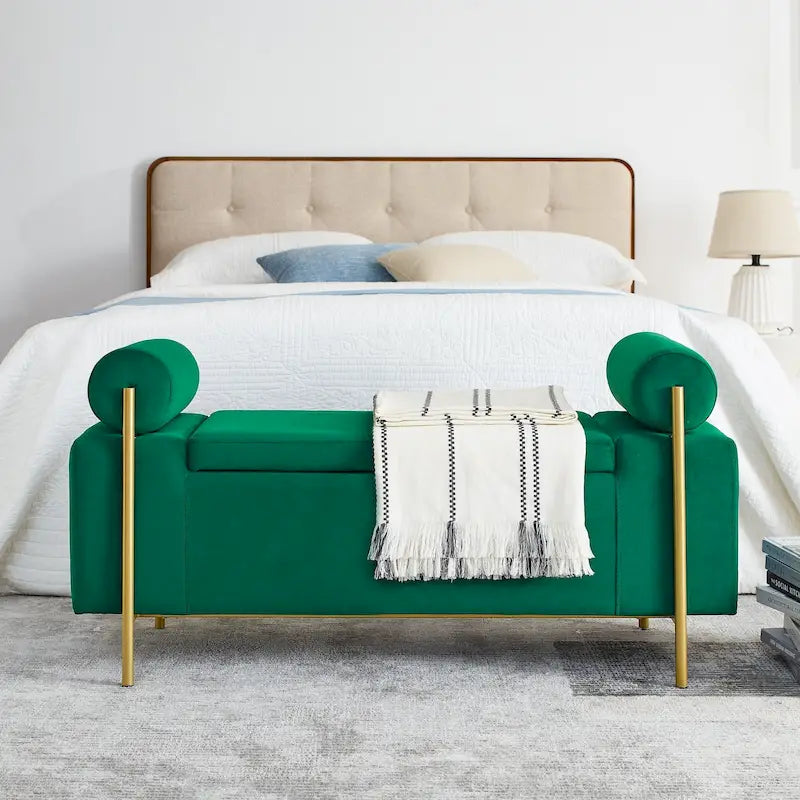Upholstered Velvet Storage Bench with Gold Metal Legs