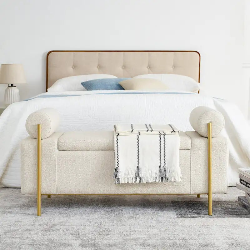 Upholstered Velvet Storage Bench with Gold Metal Legs