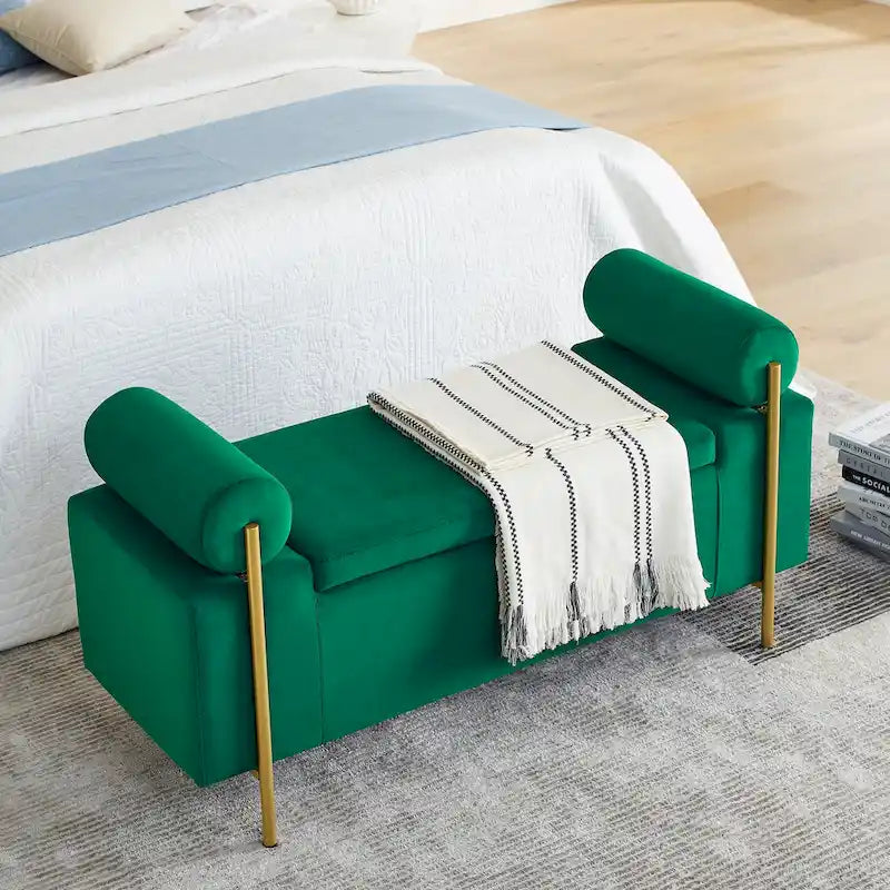 Upholstered Velvet Storage Bench with Gold Metal Legs