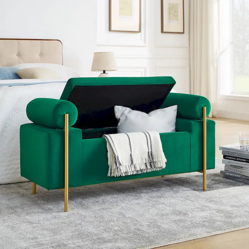 Upholstered Velvet Storage Bench with Gold Metal Legs