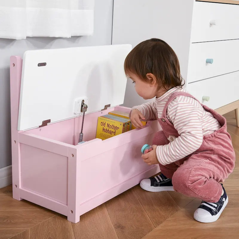 Cassapanca portagiochi in legno per bambini 2-in-1 con asta pneumatica di sicurezza