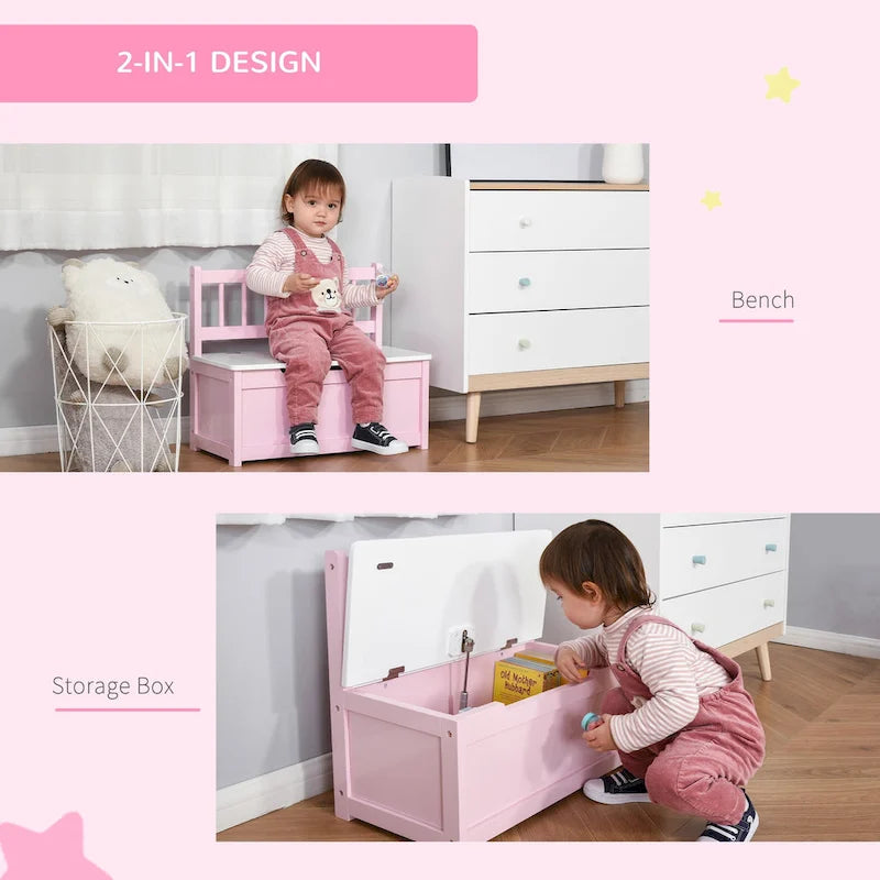 Cassapanca portagiochi in legno per bambini 2-in-1 con asta pneumatica di sicurezza