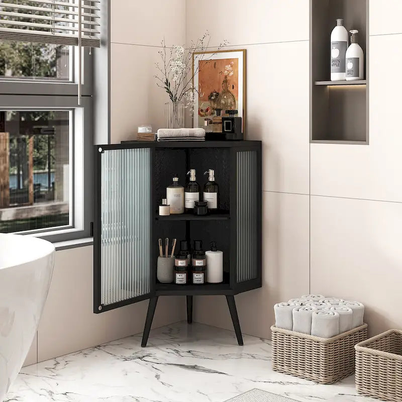 Metall-Eckschrank für den Boden mit Tür aus gehärtetem Glas und verstellbarem Einlegeboden - 31.5H