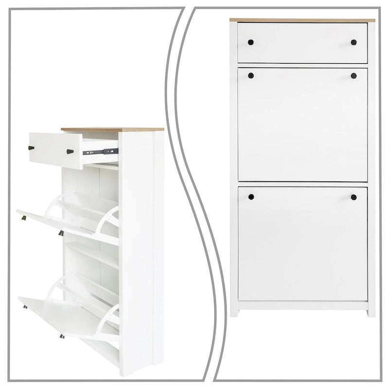 Minimalistischer Schuhschrank aus Holz mit Klappschubladen