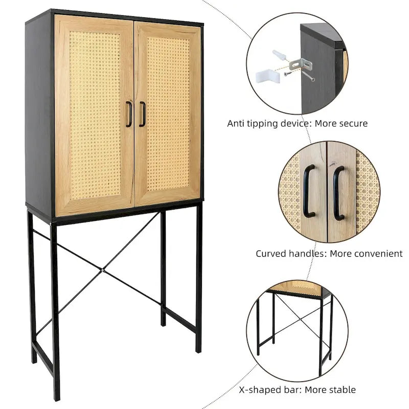 Hochschrank mit 2 Rattantüren und 3-stufigem Regal - 59 inches