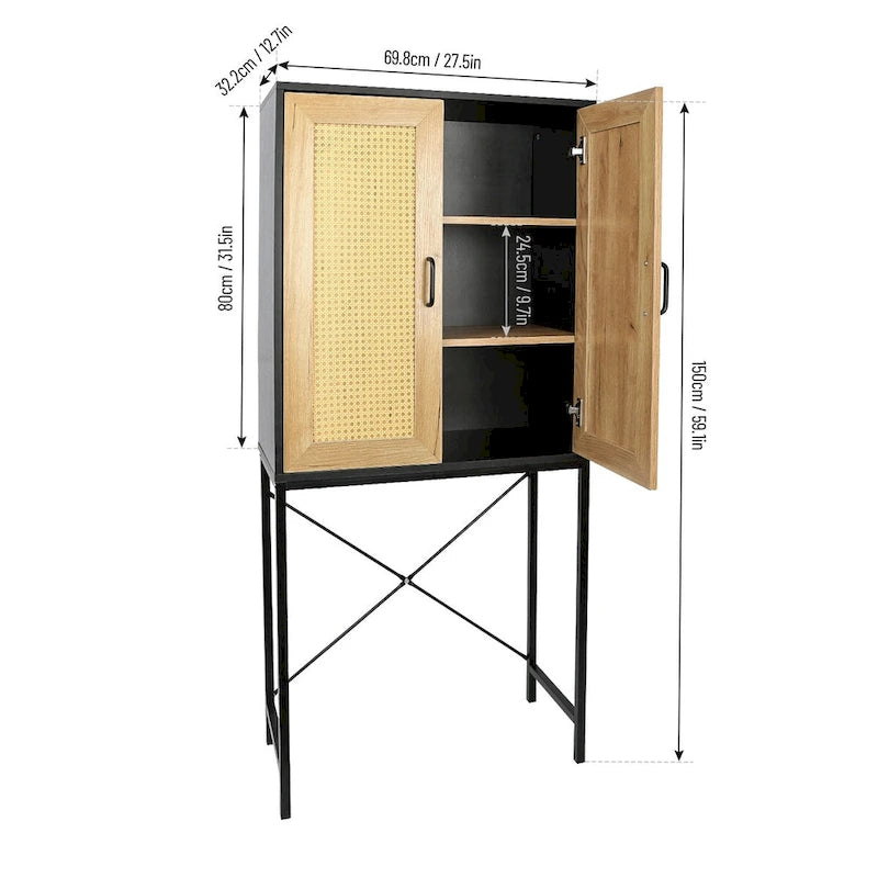 Hochschrank mit 2 Rattantüren und 3-stufigem Regal - 59 inches