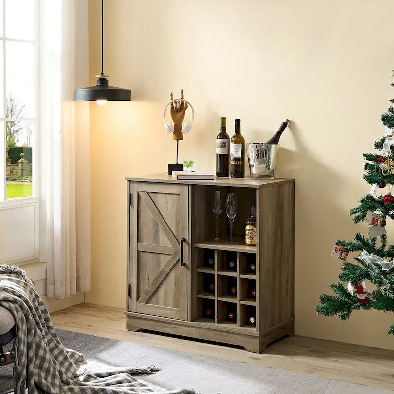 Coffee Bar Cabinet with Wine Rack Barn Door Buffet Sideboard with Drawer, Adjustable Storage Shelves, Living Room, Dining Room