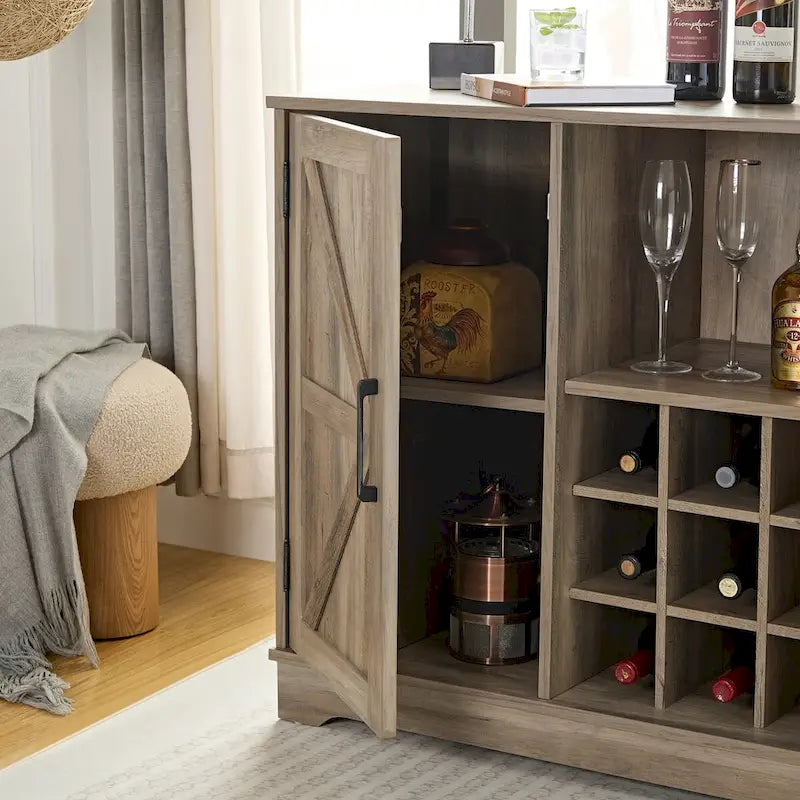 Coffee Bar Cabinet with Wine Rack Barn Door Buffet Sideboard with Drawer, Adjustable Storage Shelves, Living Room, Dining Room