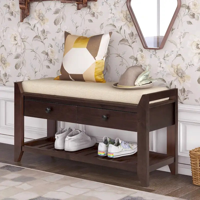 Entryway Storage Bench with Cushioned Seat, 2 Drawers and Shoe Rack