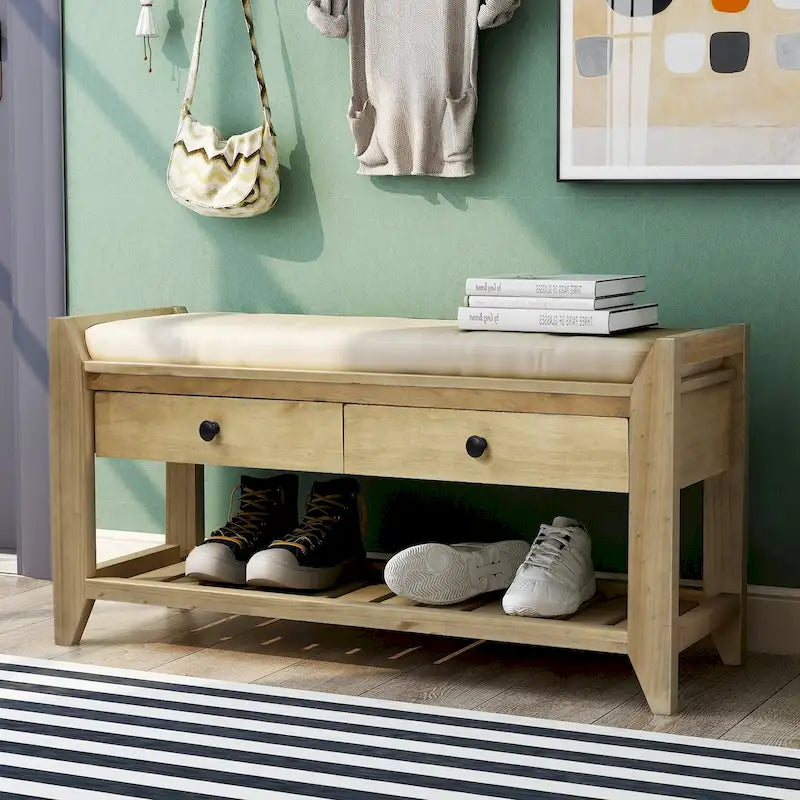 Entryway Storage Bench with Cushioned Seat, 2 Drawers and Shoe Rack