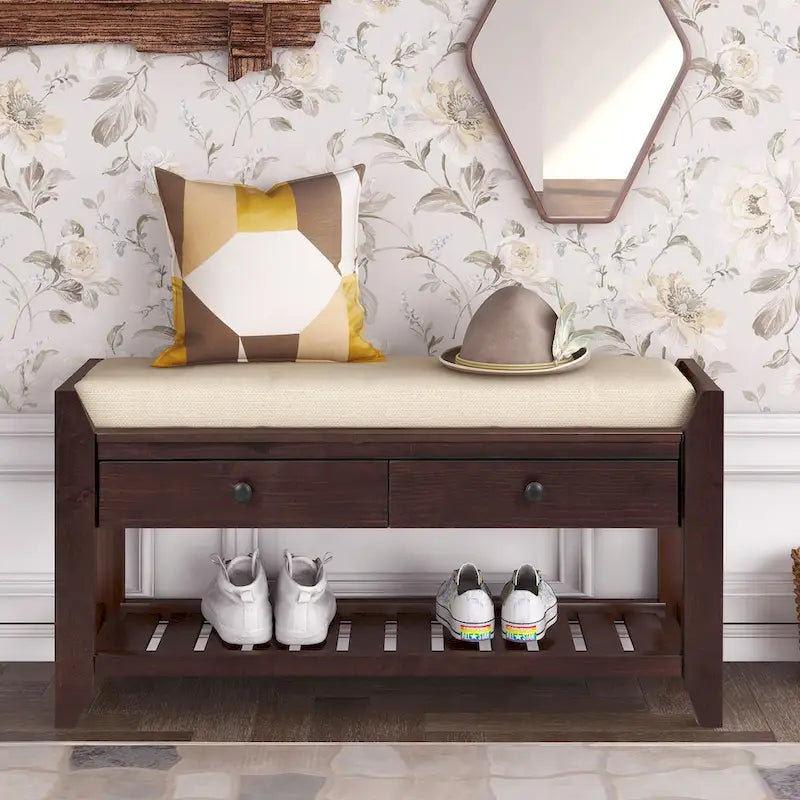 Entryway Storage Bench with Cushioned Seat, 2 Drawers and Shoe Rack