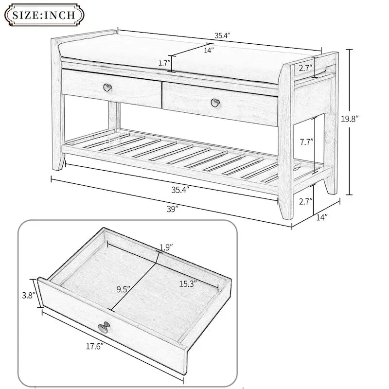 Entryway Storage Bench with Cushioned Seat, 2 Drawers and Shoe Rack