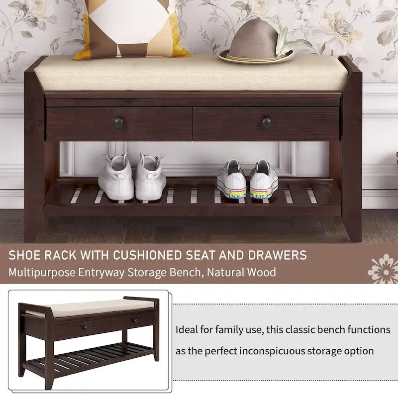 Entryway Storage Bench with Cushioned Seat, 2 Drawers and Shoe Rack