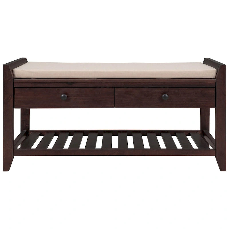 Entryway Storage Bench with Cushioned Seat, 2 Drawers and Shoe Rack