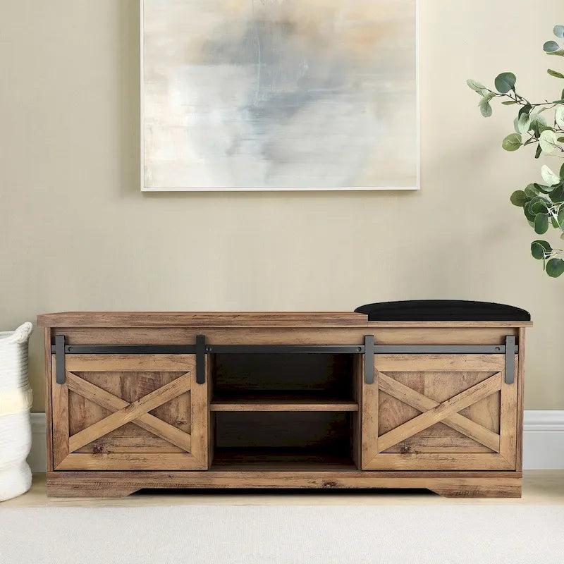 Holz-Aufbewahrungsbank im Vintage-Landhausstil mit Schiebetüren