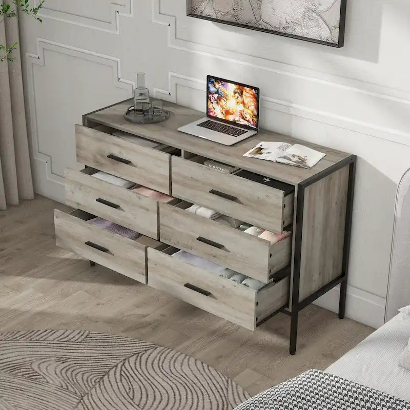 Holzkommode mit 6 Schubladen und Stahlgestell für Schlafzimmer oder Kleiderschrank