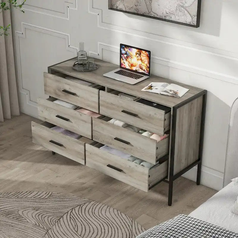 Wood Dresser with 6 Drawers, Wooden Storage Closet for Bedroom, Solid Clothes Cabinet with Sturdy Steel Frame