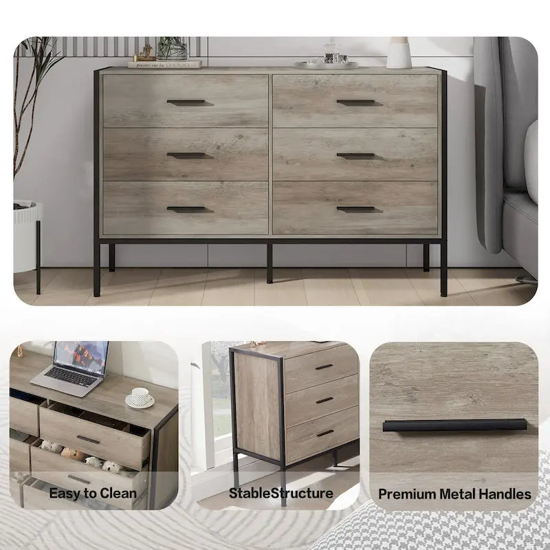 Holzkommode mit 6 Schubladen und Stahlgestell für Schlafzimmer oder Kleiderschrank